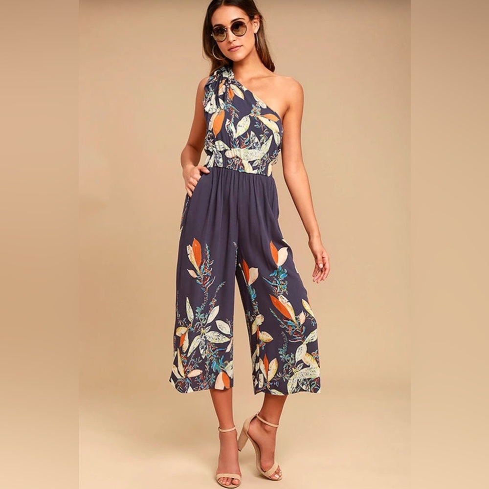 Free People One-Shoulder Floral Jumpsuit - Navy and Orange